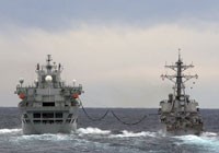 Two naval ships during replenishment at sea