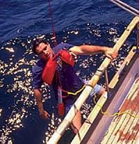 Person in a rescue sling being pulled up a ship’s side